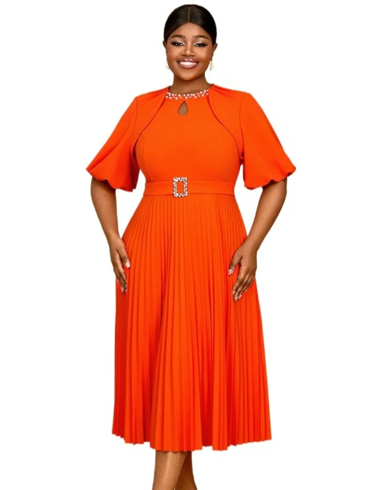 Pleated Midi Dress with Cape Sleeves and Diamond Belt Detail Perfect for Church Events Weddings and Elegant Daytime Occasions