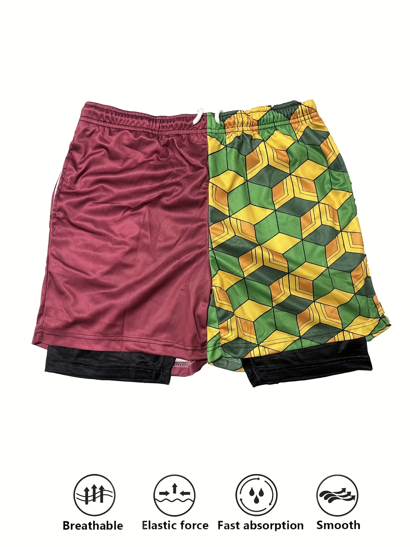 

Summer Men's 2-in-1 Sports Shorts Polyester Plaid Texture and Solid Color Shorts Suitable for Casual and Sports Wear