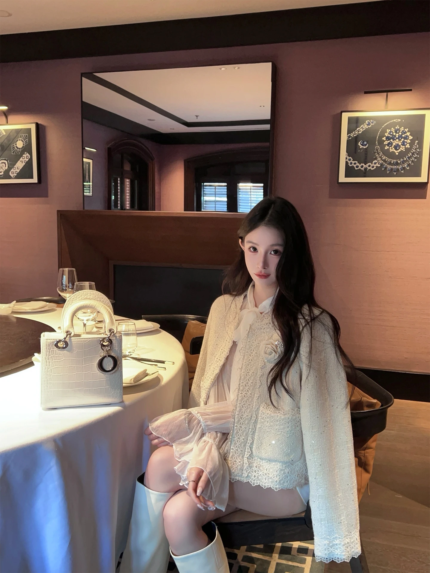 

FairyJiang Lace Patchwork Sequin White Small Fraance Tweed Women's ort Casual Coat with Flowers Commute Sle Straight Tube