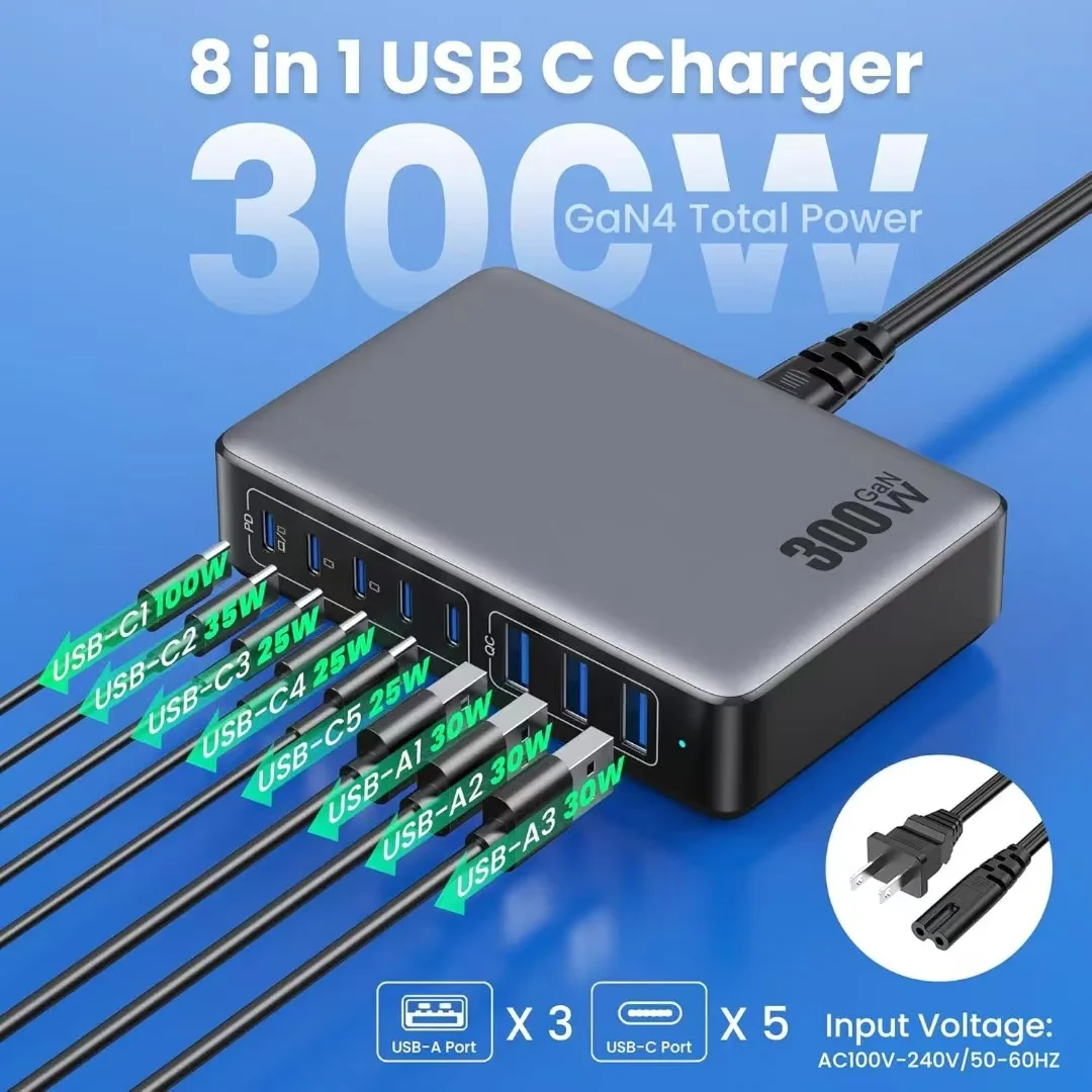 

New 8-port 300W fast charging station type-c charger Multi-port USB mobile phone charger Convenient charger Home Office Travel