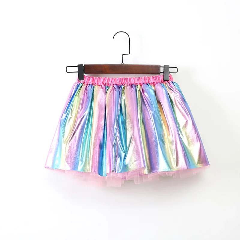 2022 new bronzing rainbow skirt party show girls skirt plus lining mesh tutu skirt children\'s clothing