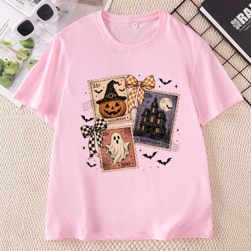 Halloween Stamp Tshirts Spooky Ghost Pumpkin T-Shirt Casual Round Neck Printed Cotton Short Sleeve Tees Unisex Fall Clothing
