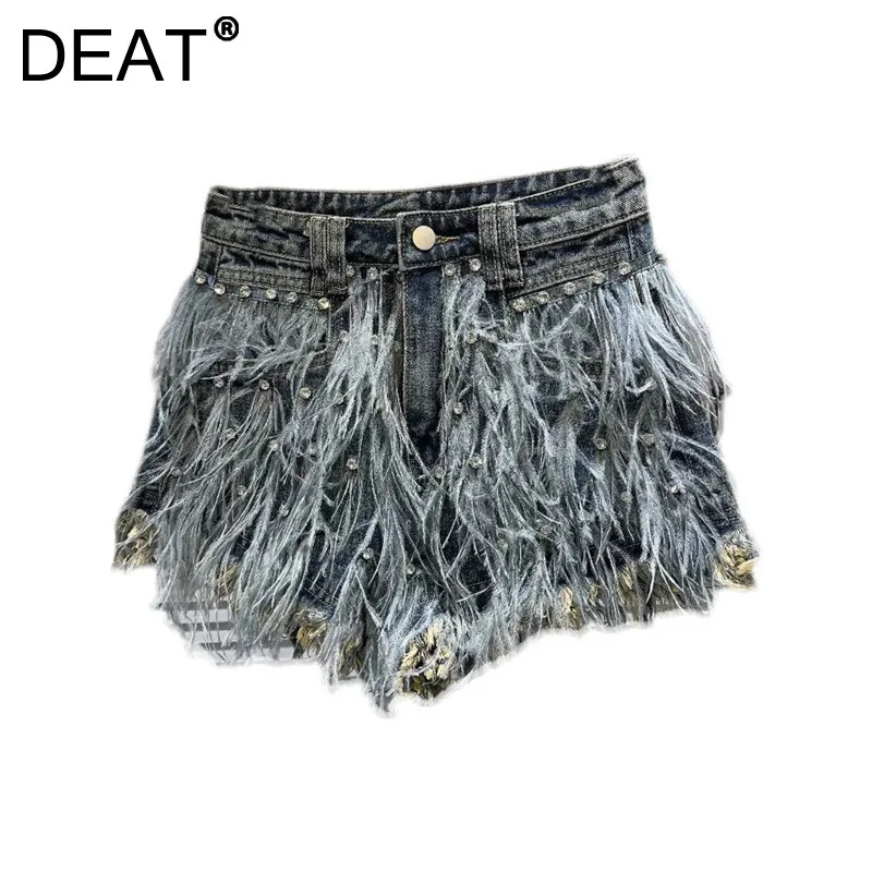 

DEAT Women's Denim Shorts High Waist Diamonds Feathers Burrs Edge Wide Leg Super Short Jeans 2024 Autumn New Fashion 11XX5620