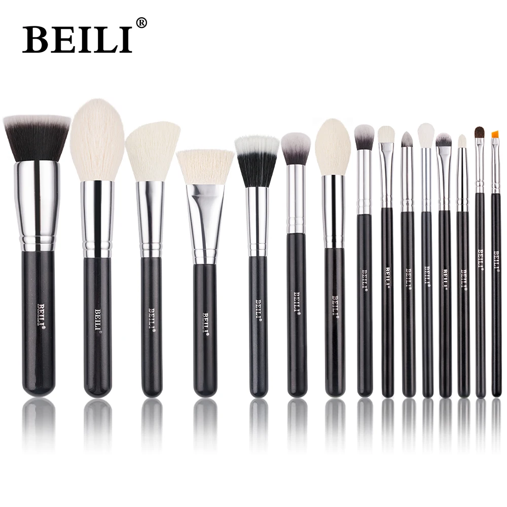 BEILI 15pcs Black Premium Goat Hair Makeup Brush Set Big Powder Foundation Blush Eyeshadow Contour Liner Make Up Brushes Tools