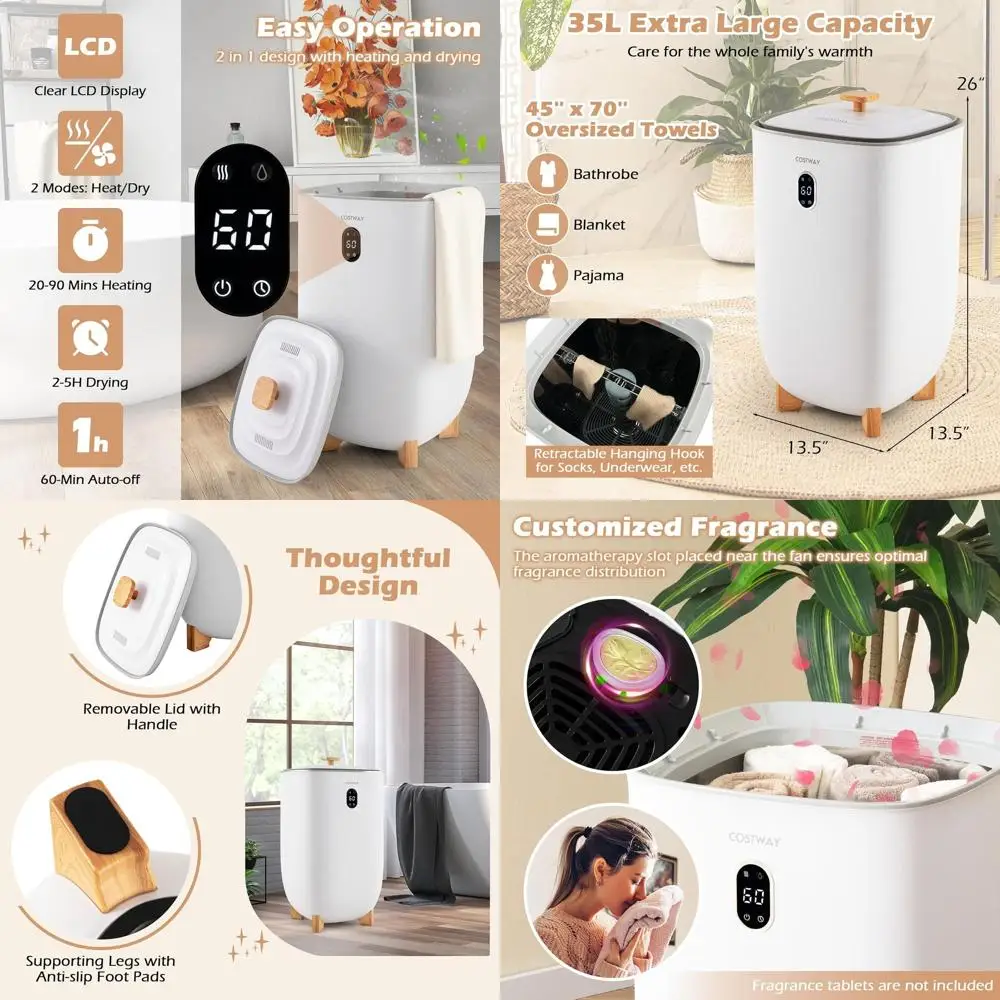 

Сушилка-нагреватель для полотенец на 35 л, вмещает 4 больших полотенца, халаты и пижамы, с таймером и автоматическим отключением