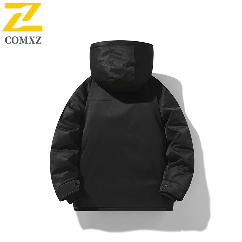 COMXZ Men Fleece Lined Jacket Winter Autumn Korean Style Waterproof Windproof Hooded Outdoor Sports Casual Solid Color Coat 2025