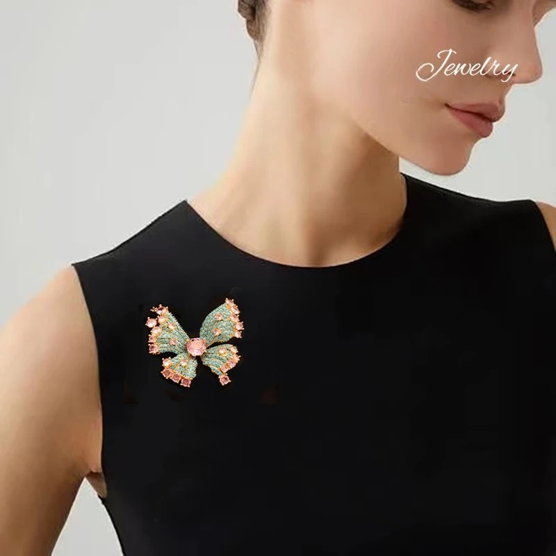 Elegant Turquoise Butterfly Brooch Pink Rose Shining Crystal Lapel Pin Korean Japanese Style Women's Fashion Accessory Jewelry