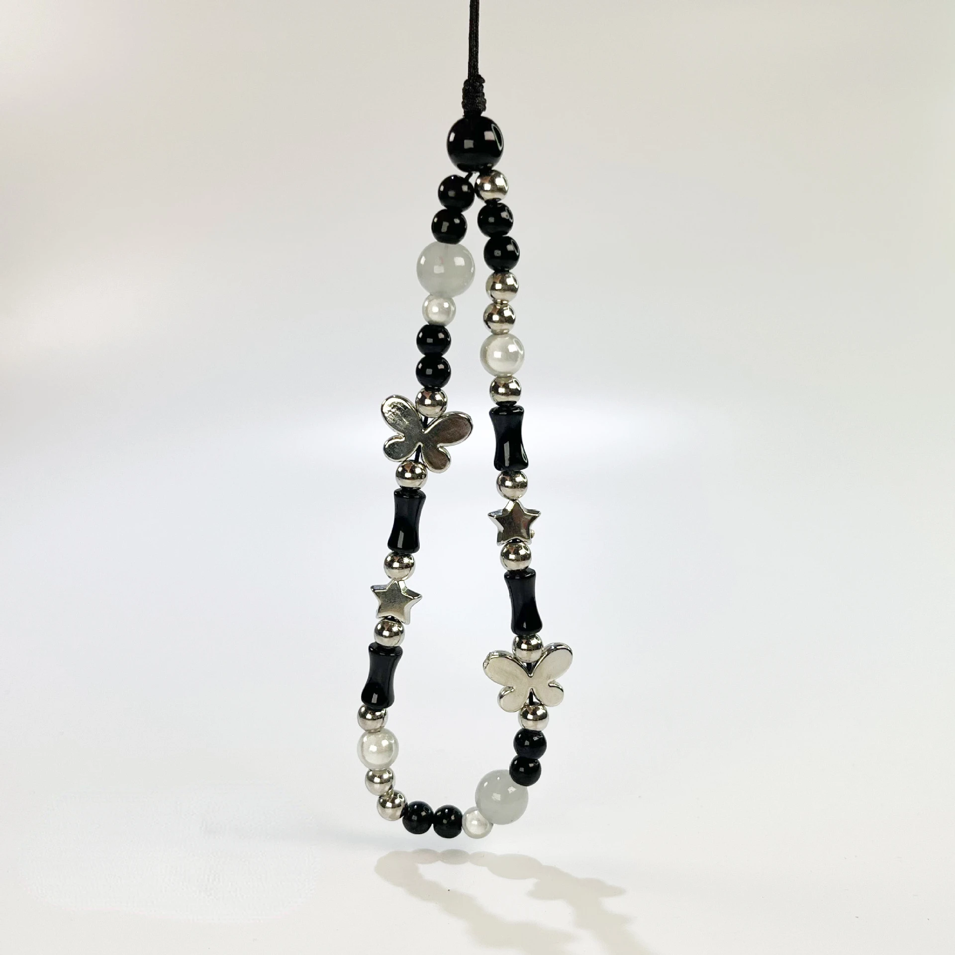 Original DIY Wristlet Phone Charm Strap Black Bead Silver Butterfly Pendant Cute Keychain Lanyard for IPhone Keycord Lanyard