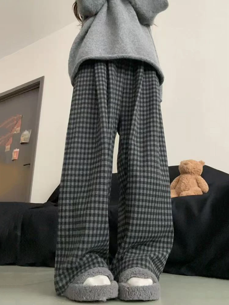 منقوشة واسعة الساق السراويل للنساء الشتاء سميكة الدافئة فضفاضة سراويل للجري الإناث عالية الخصر الشارع الشهير كل مباراة السراويل المستقيمة