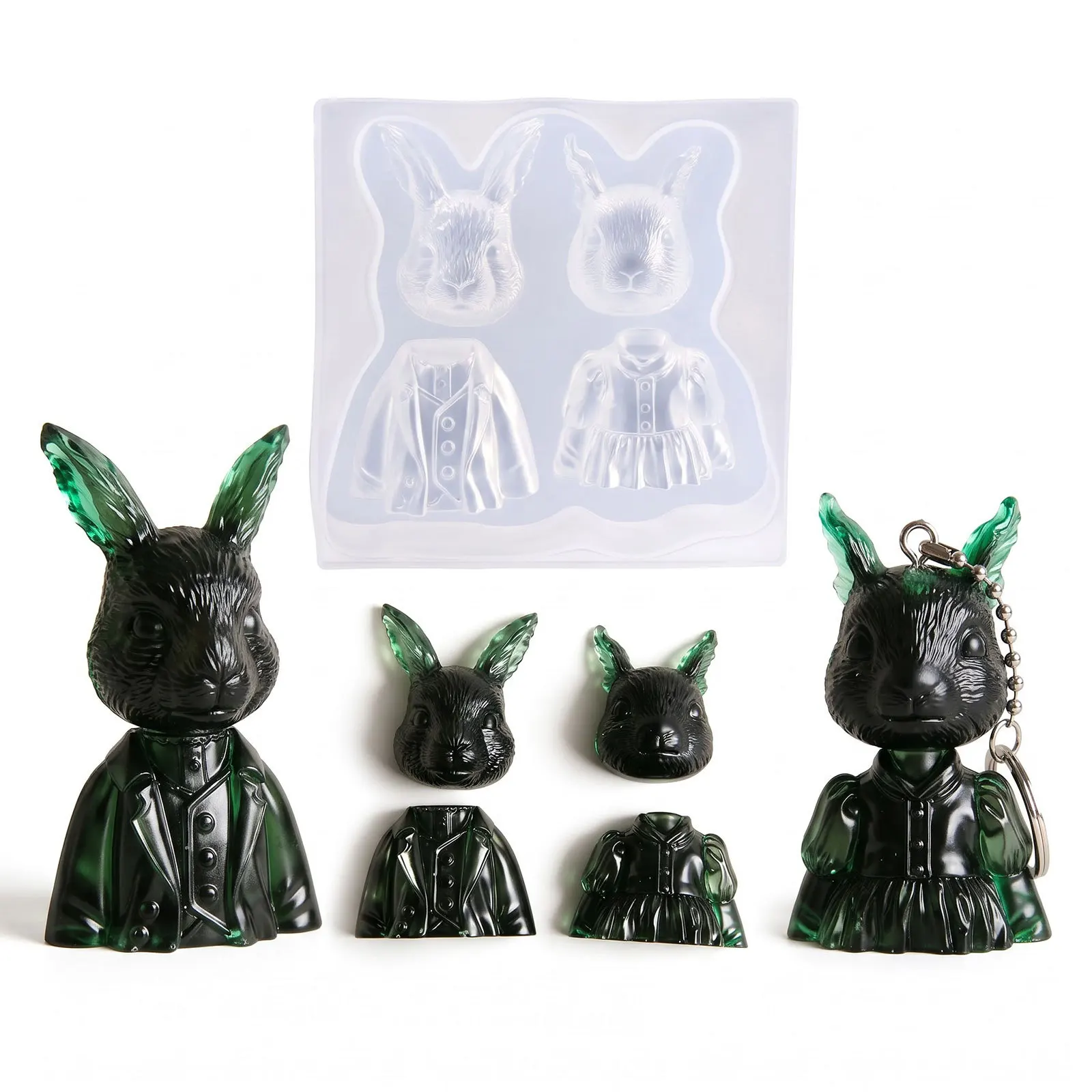 DIY 3D Rabbit Head Resin Mold Silicone Couple Bunny Keychain Bag Charm Car Keyring Plaster Casting Mould Craft Tool