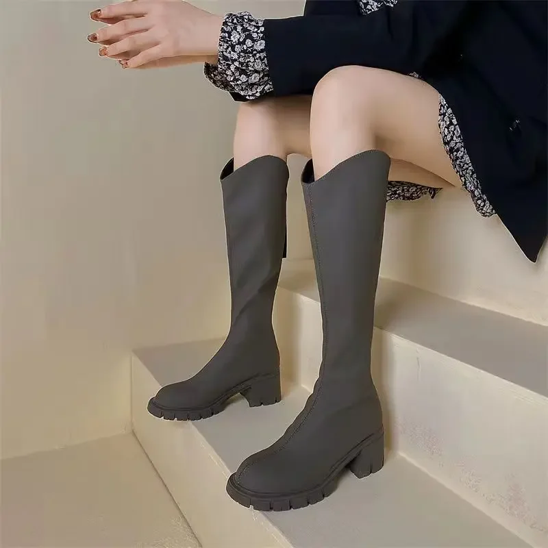 Ladies Knee High Shaft Shoes Retro Elegant Heeled Heels Women's Long Boots Elastic Winter 2024 Novelty on Promotion New Footwear