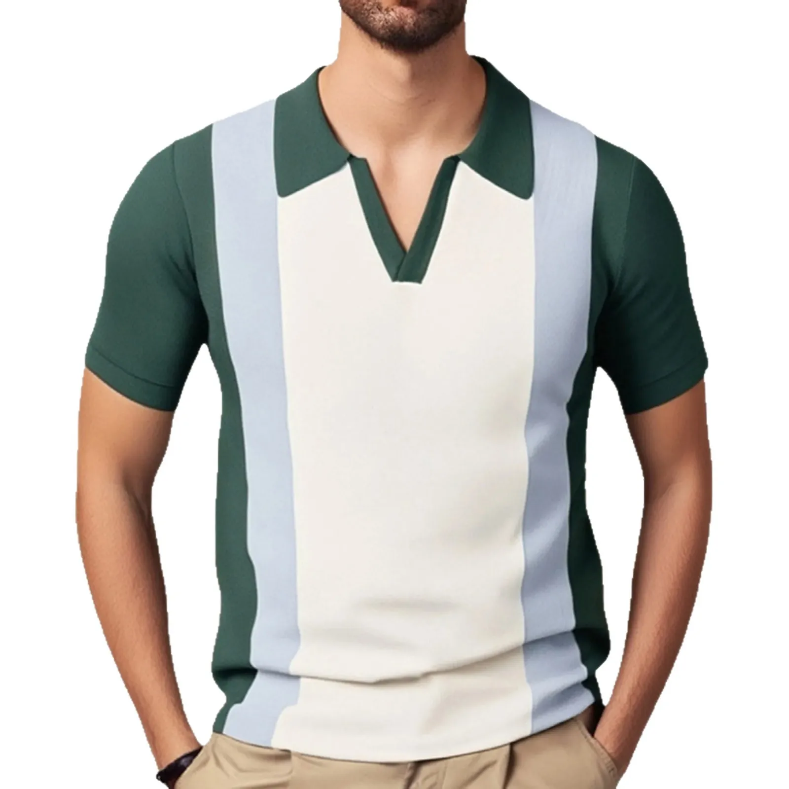 Men's Luxury and Comfortable Summer New Collection: Collar Knitted Sweater Splicing, Color Contrasting Set, Business Polo Top