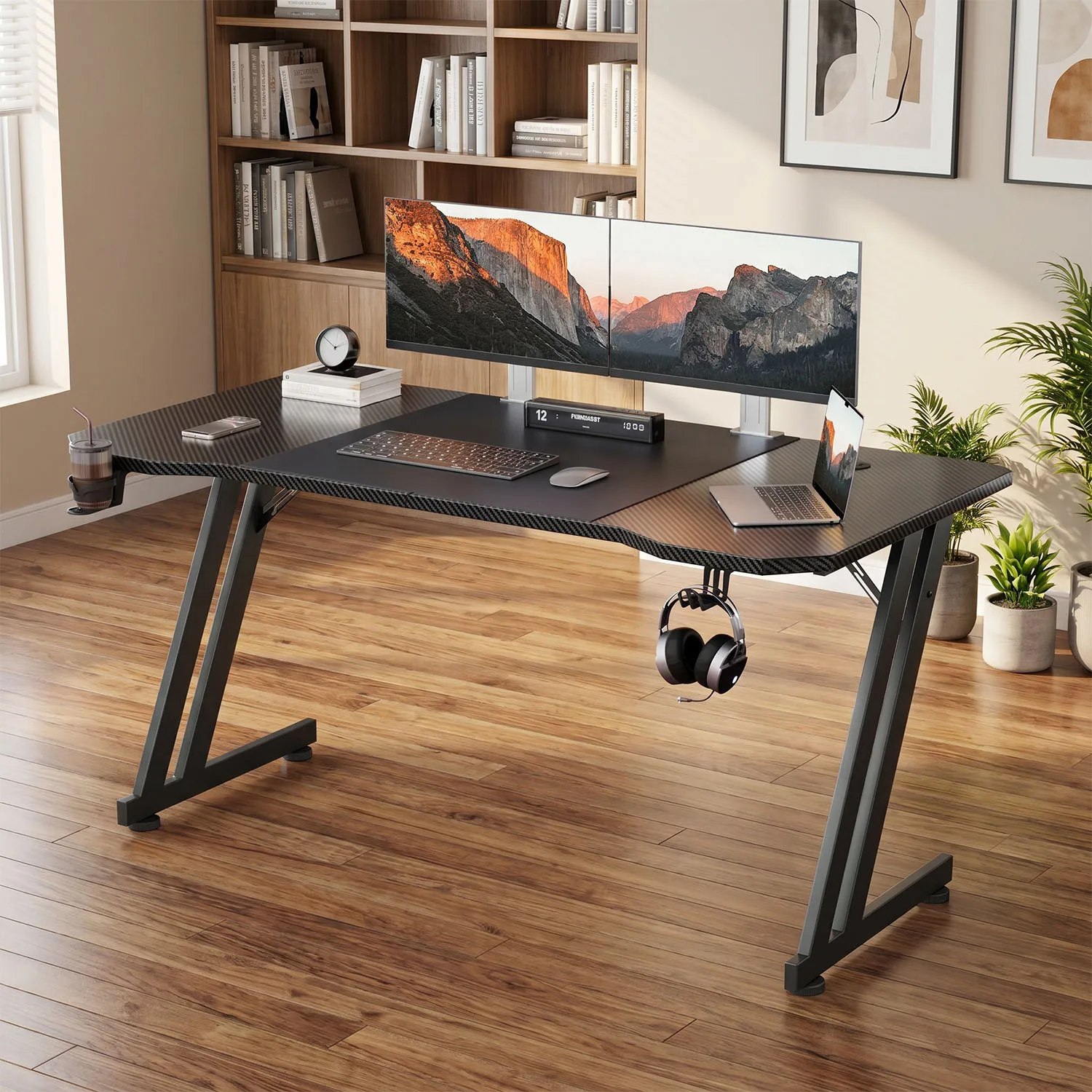 NEBMAAX Carbon Fiber Gaming Desk Z-Shaped Large Computer Desk with Cup Holder And Headphone Hook Ergonomic Black Home Office Workstation 47/55/63 Inch Options