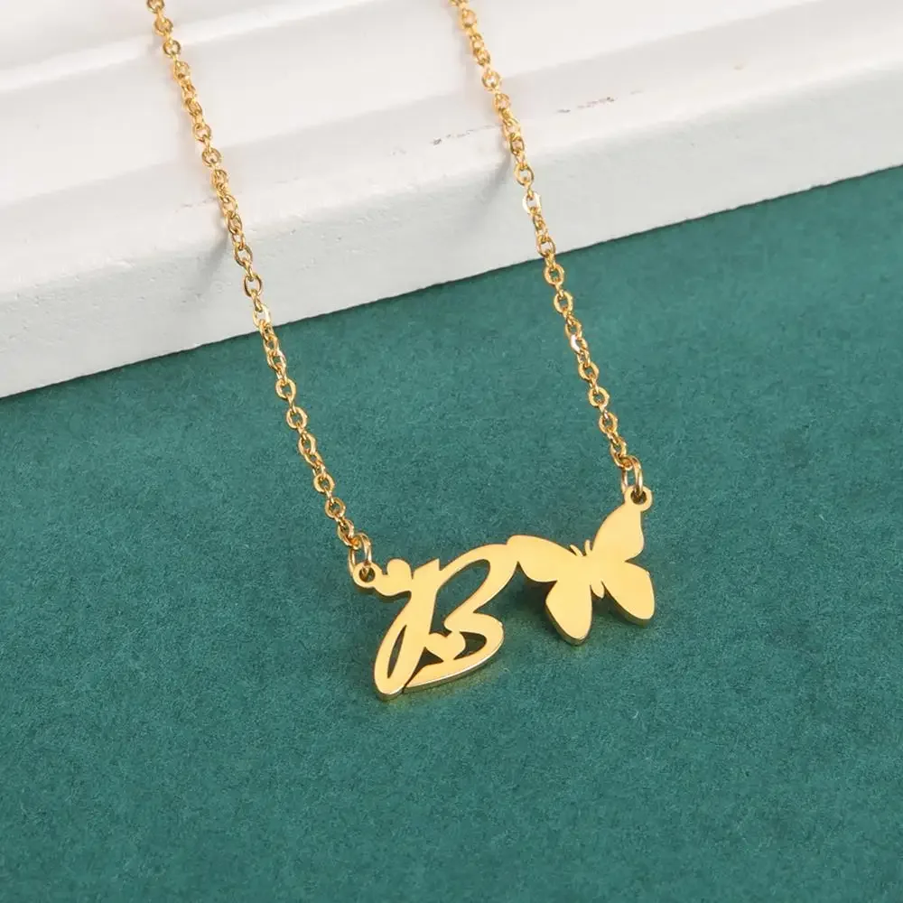 Cazaor A-Z Letters Butterfly Pendant Necklace Gold Color Stainlesss Steel Chain For Women Anniversary Gift Fashion Jewelry