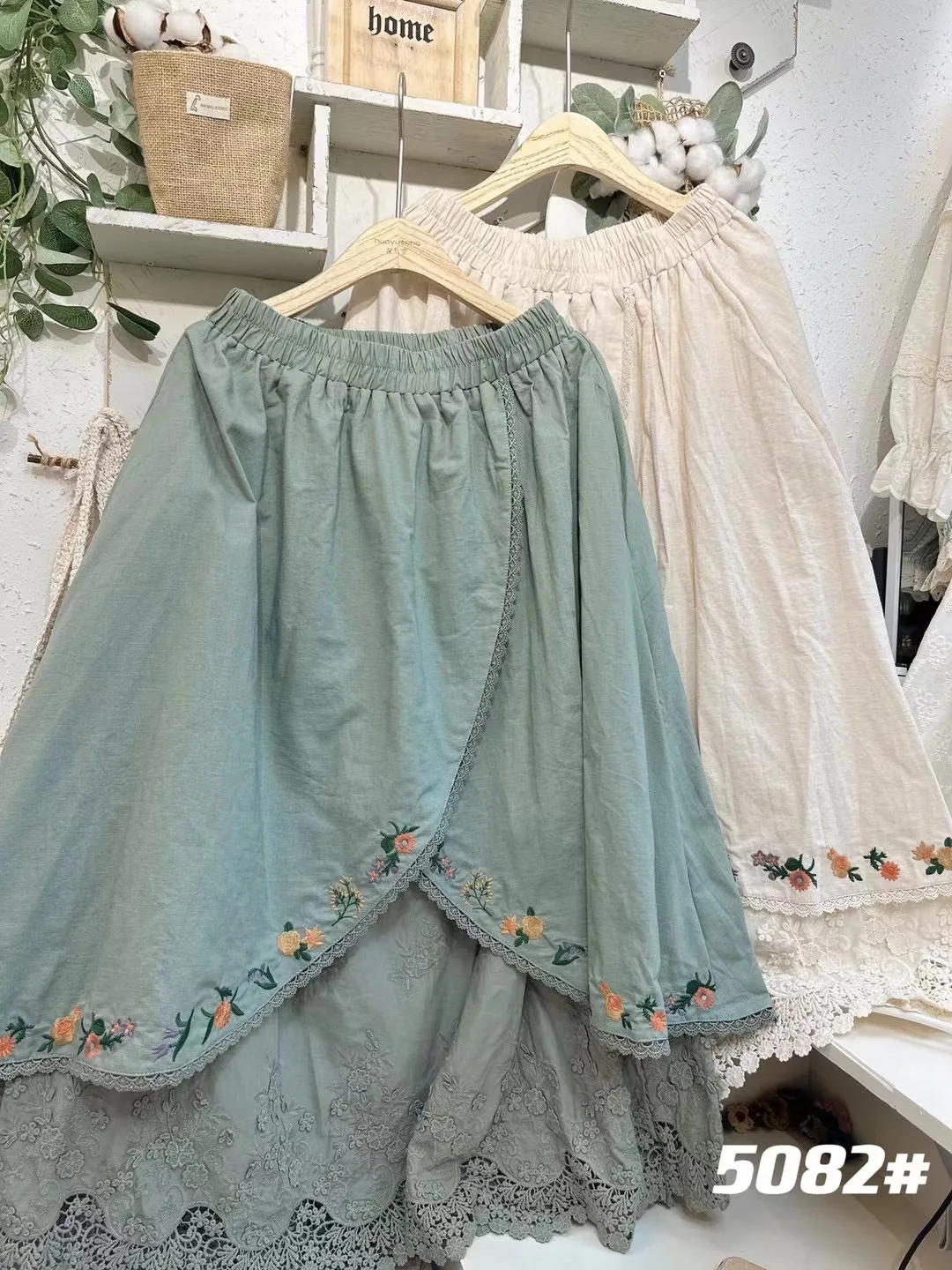 تنورة حلوة يابانية Sle f بطبقة مزدوجة مطرزة بطانة قطنية ثقيلة مادة الكتان مرقعة على شكل حرف a تنورة طويلة