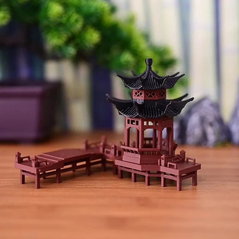 Chinese Octagonal Pavilion Miniature - Ancient Style Landscape Decor with Platform, Rockery for Aquarium,Zen Garden Display