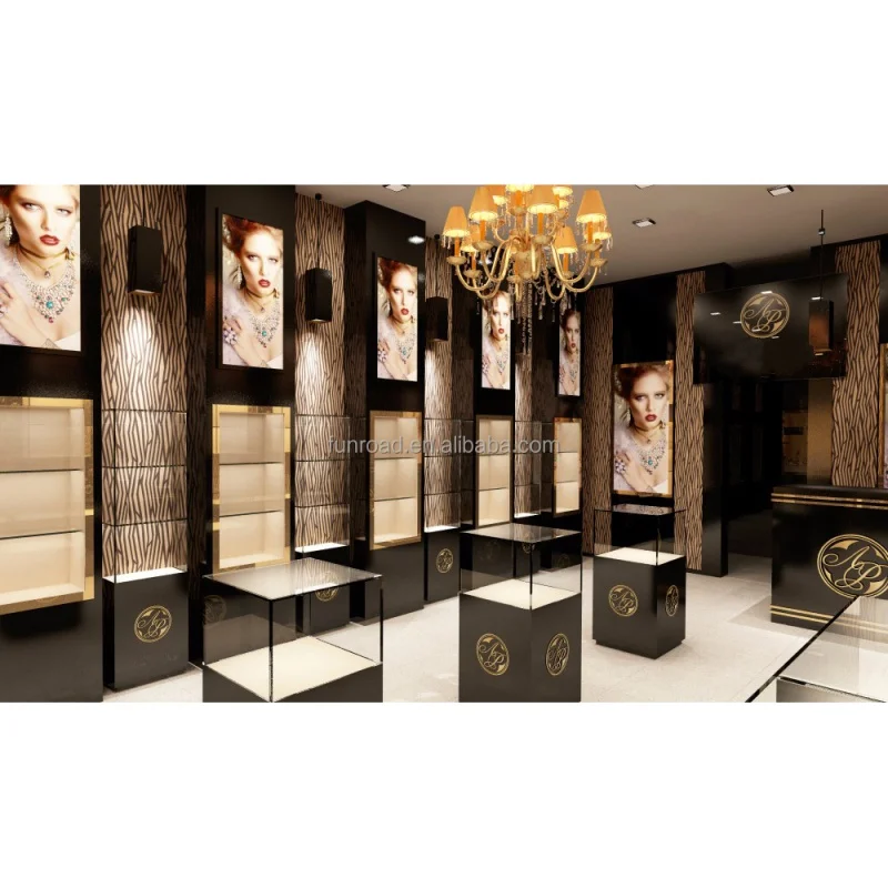 

custom.Luxury Style Jewelry Glass Display Cabinet Showcase Jewelry Shop Interior Design With Black Wall Mounted Cabinet