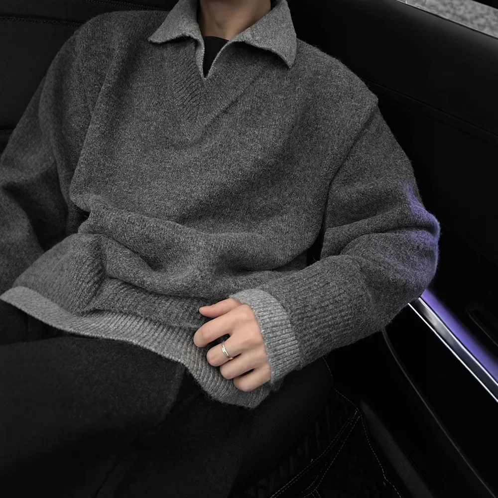 

Retro V-Ne Deep ey Flap Collar Sweater Loose Knitted Top Base Layer Men's Faion Winter Outerwear Casual Long Sve