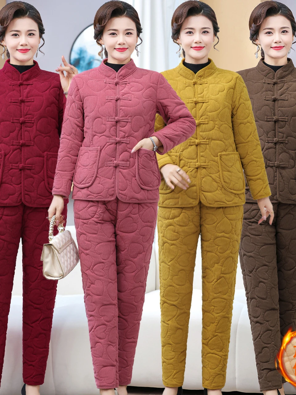 women's-winter-thickened-fleece-lined-cotton-jacket-and-pants-set-stand-collar-diamond-pattern-warm-mommy-clothes-two-pieces