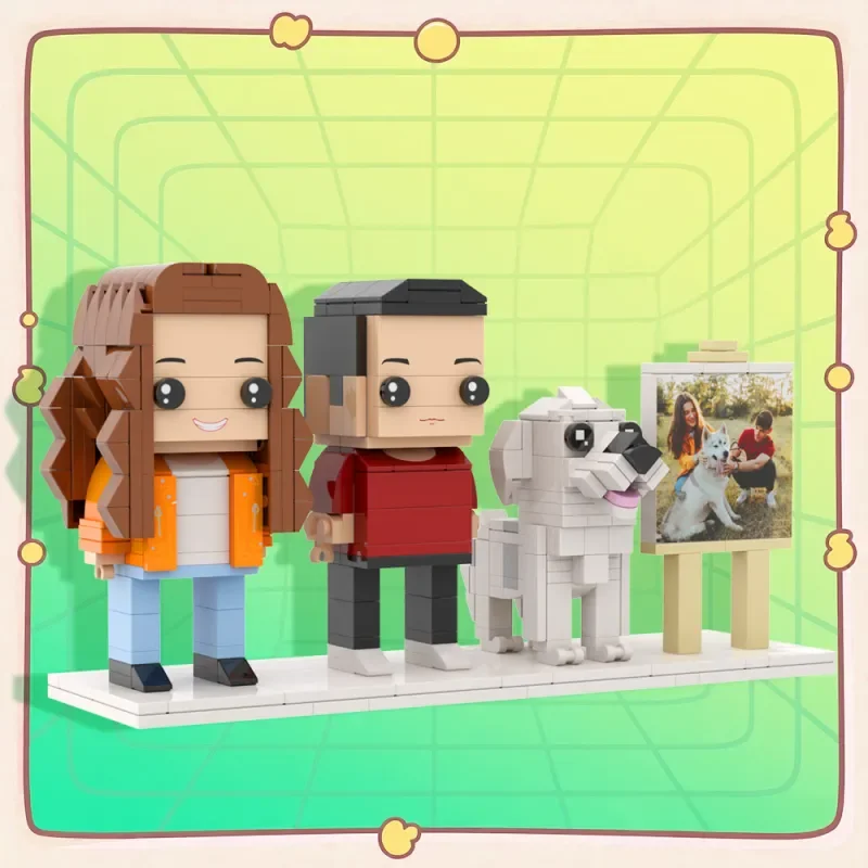 Bloques de construcción personajes de cuerpo completo personalizados 2 personas y lindo marco de fotos de perro figuras de ladrillos lindas personalizadas regalos de aniversario