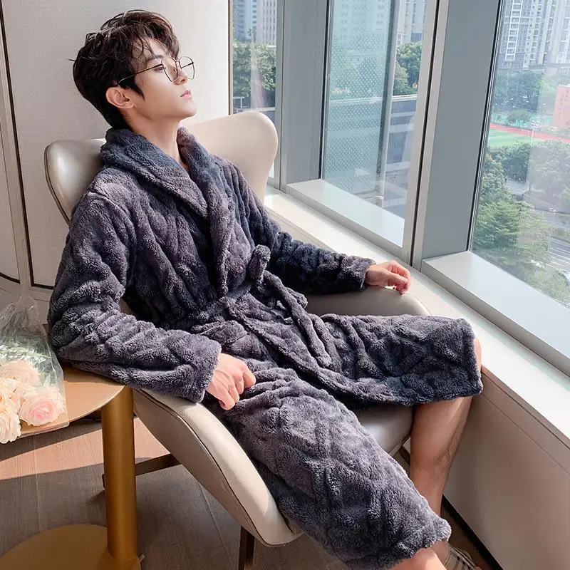 PLUS SIZE 3XL Winter Men Kimono Bathrobe Gown Thickened Flannel Robe Sleepwear Grey Warm Coral Fleece Home Wear Loose Loungewear