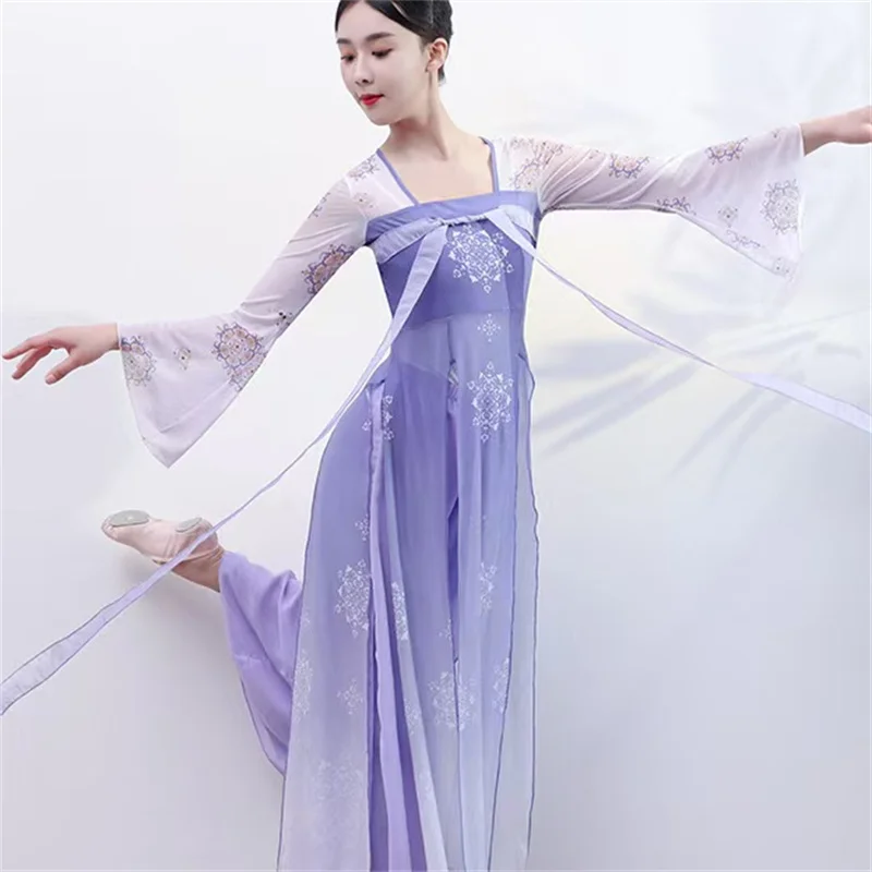 Klasyczny kostium taneczny dla kobiet dynastii Han Tang w stylu chińskim strój sceniczny pokaz występów elegancka długa sukienka do ćwiczeń z siateczki
