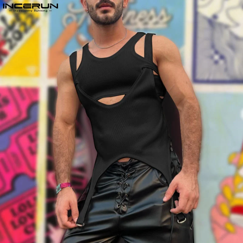 Men Irregular Tank Tops Solid O-neck Sleeveless Hollow Out Male Vests Streetwear Summer 2024 Casual Men Clothing S-5XL INCERUN