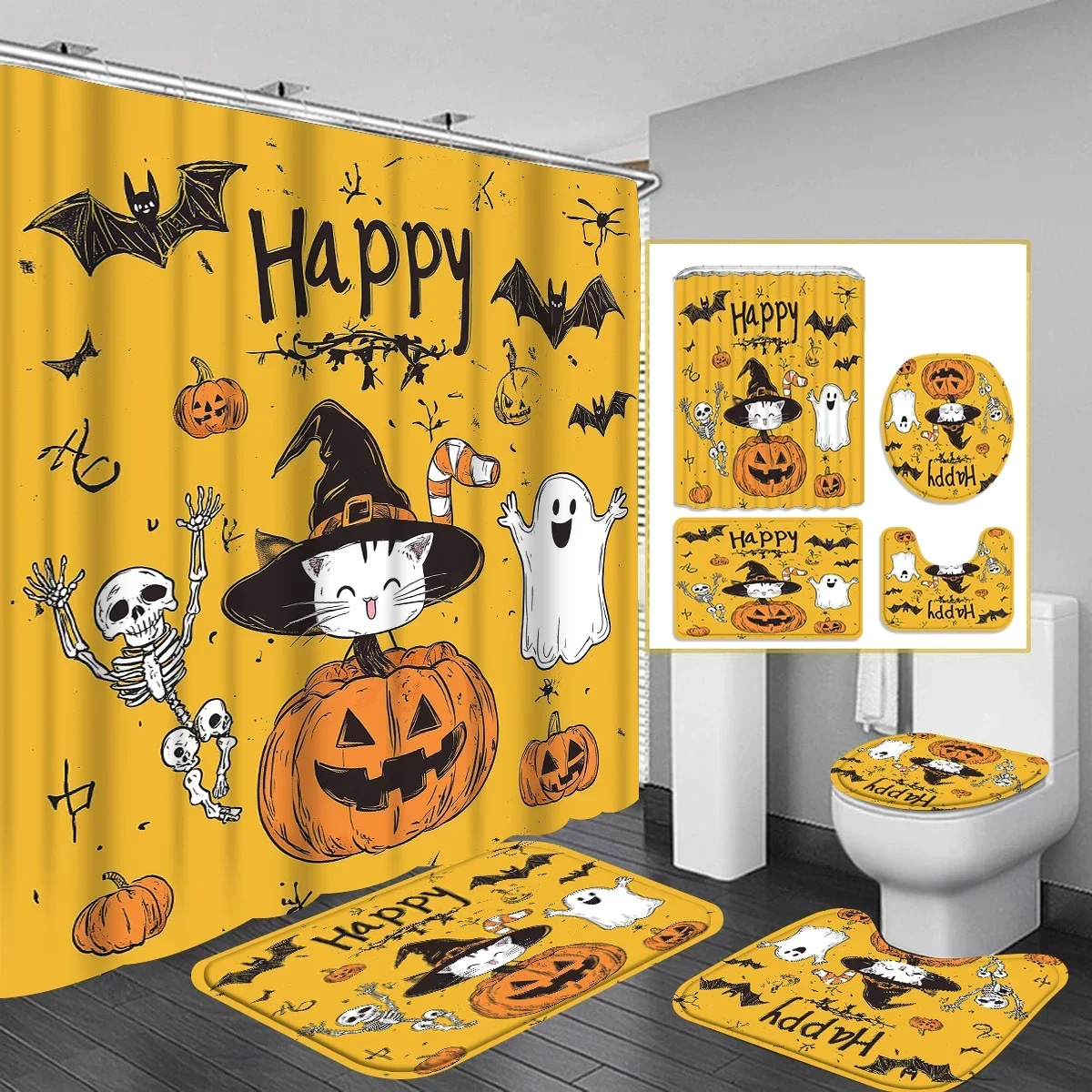 Cartoon Style Bathroom 4-piece Set with Shower Curtain Non-slip Mat Toilet Seat Black Cat Pumpkin Ghost Pattern Decoration