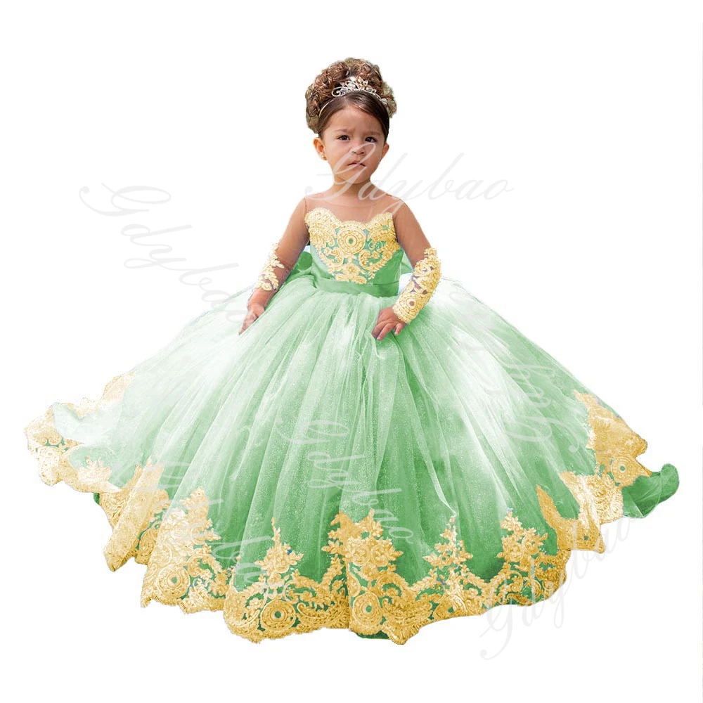 Full Sleeve Flower Girl Dresses for Wedding Kids Gold Lace Princess Pageant Dress Toddlers Long Communion Birthday Party Gowns