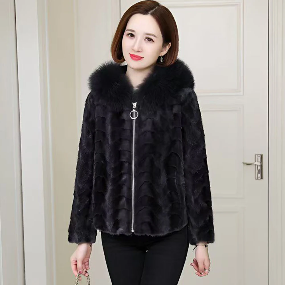 Cappotto di pelliccia di visone naturale Parka invernale da donna Giacca di visone Spessore caldo collo di pelliccia di volpe Capispalla con cappuccio