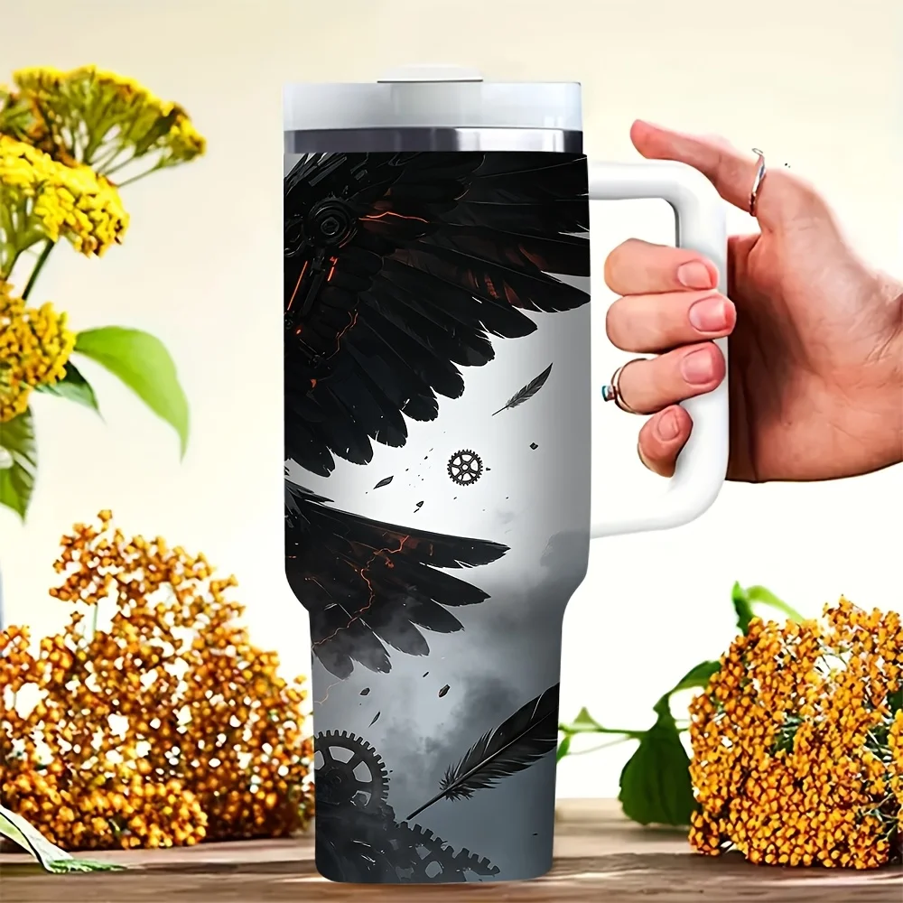 40oz Tumbler with Handle, Features Dark Mechanical Crow Print, Fits Both Hot and Cold Drinks, Perfect for Crow and Dark Style Lovers, Suitable for Outdoor Travel Daily Office and Picnic Scenarios