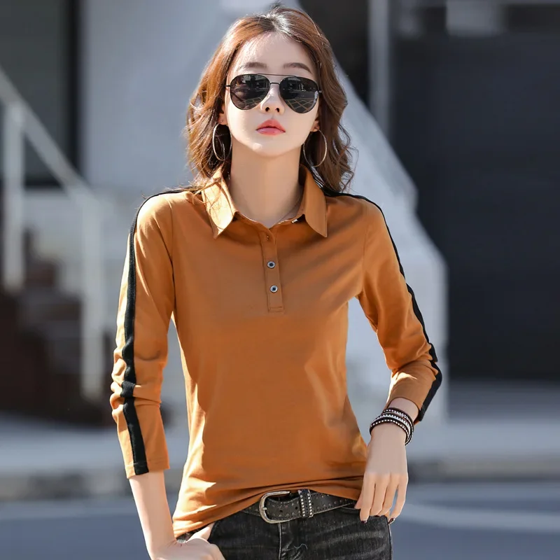 2025 Spring Autumn New Women Clothing Lapel Long-sleeved Top T-shirt Casual Loose Contrasting Pullover T-shirt Women Top