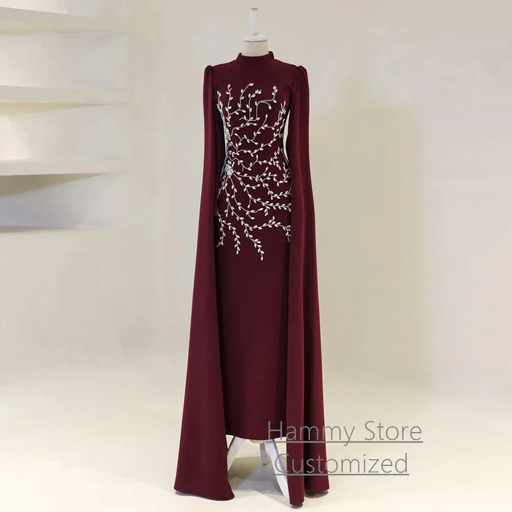 Fashion Burgundy Prom Dress Customized High Neck Long Sleeves Crystal Beading Arabian Party Gown Dancing Evening Dresses
