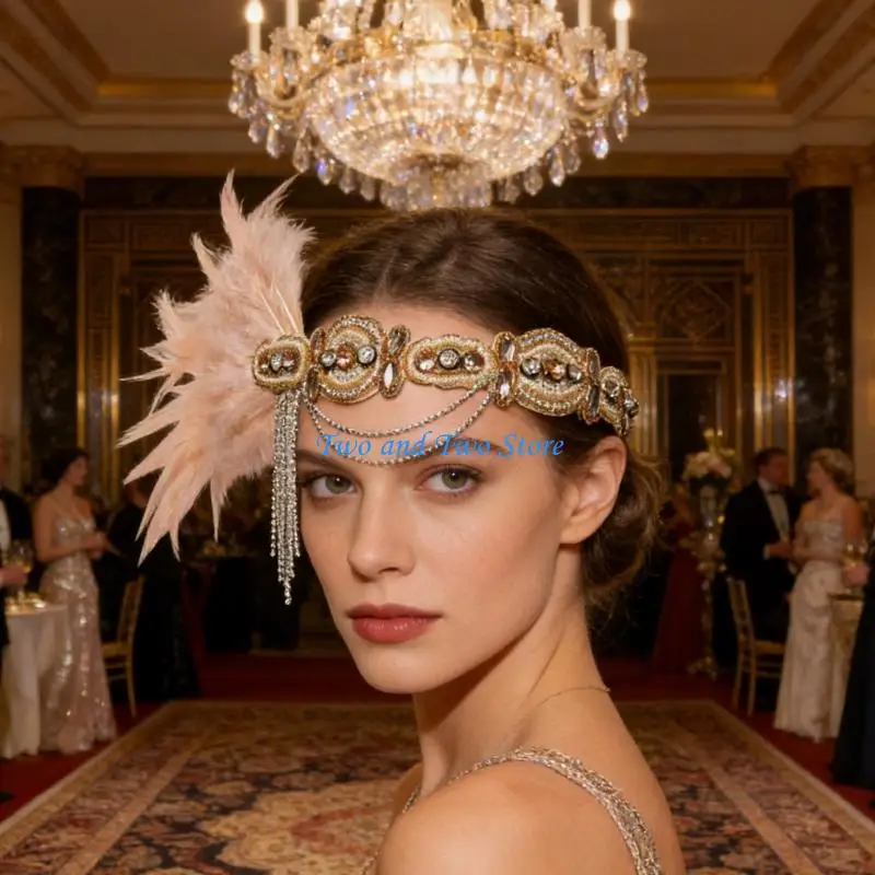 

HX6F Ancient Styles Crystal Feathered Headband For Women Elegant Wedding Party Hair Accessories With Rhinestones And Tassels