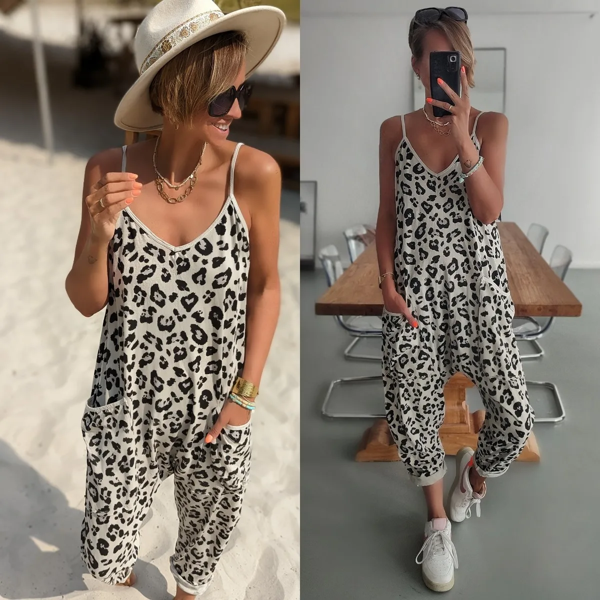 

Summer Jump Suits for Women Loose Sleeveless Jumpsuit with Suspenders Leopard Print Women Long Jumpsuit Thin Overalls for Women