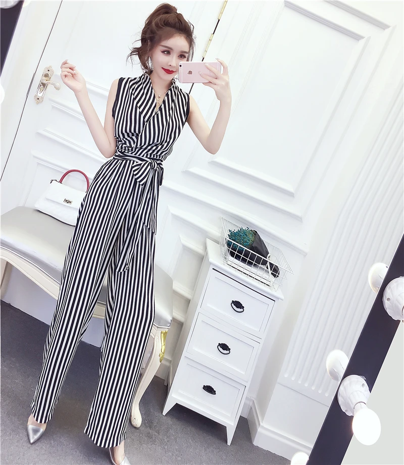 Women Jumpsuit Sleeveless V Neck Lace Up Bandage Slim Waist Striped Loose Wide Legs Casual Pants Romper High Streetwear