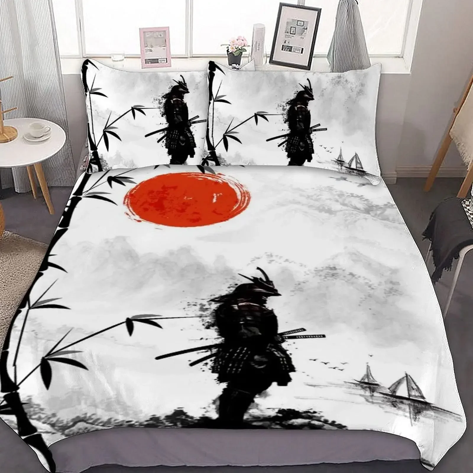 Japanese Samurai Bedding Set King/Queen/Full Size Japan Sunset Scenery Building Silhouette Polyester Duvet Cover Men Black Red