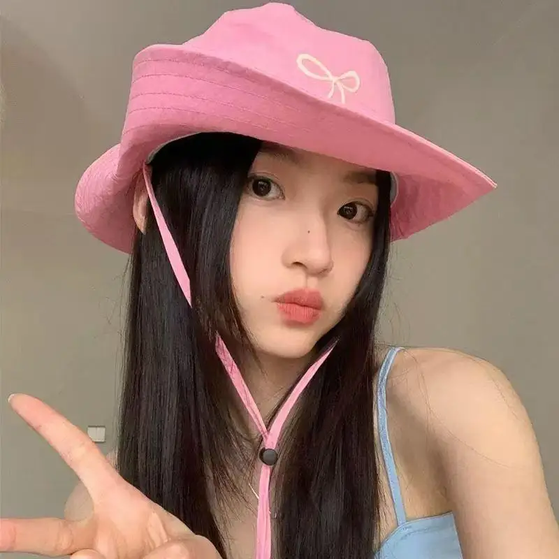 

Sweet Bow Embroidery Women Bucket Hat Adjustable Summer Hiking Camping Caps Quick Dry Wide Brim Sun Hat Y2K Panama Hat Women