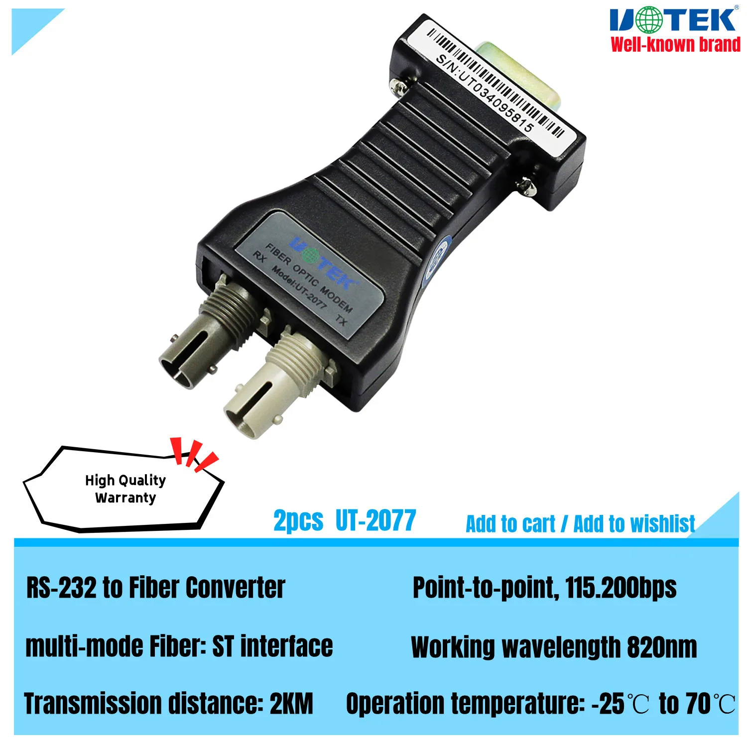 

2pcs UOTEK RS-232 to Fiber Optic MODEM Multimode ST Interfaces DB9 Optical-Fiber RS232 Converter Transceiver 820nm 2KM UT-2077