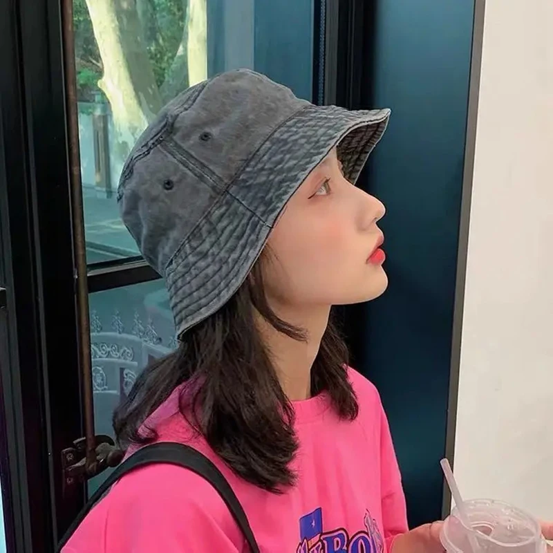 Denim Brim Bucket Hat Women Korea Fashion Cotton Foldable Beach Outdoor Gradient Color Caps Sun Expedition Fisherman Hat Cap image 5