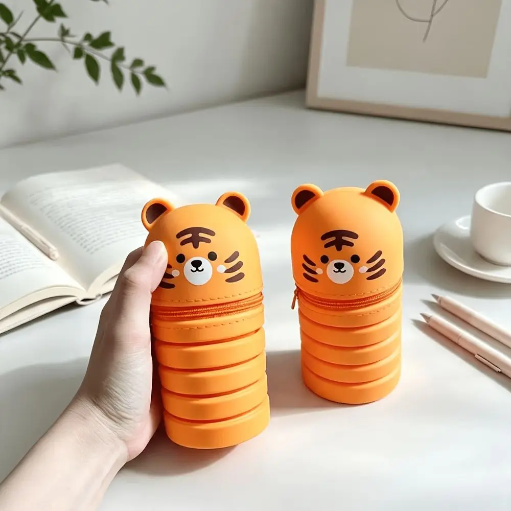 Silicone Material Silicone Pen Holder Upright Design Kawaii Style Upright Desk Organizer Little Tiger Theme Tiger Face Pattern