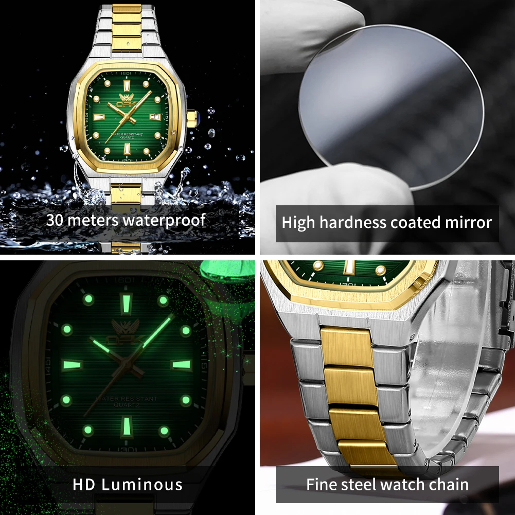 OPK 6044 ساعات رجالية أصلية من الفولاذ المقاوم للصدأ مقاومة للماء ساعة رجالية جديدة بمينا مربع ساعة كوارتز مضيئة للرجال