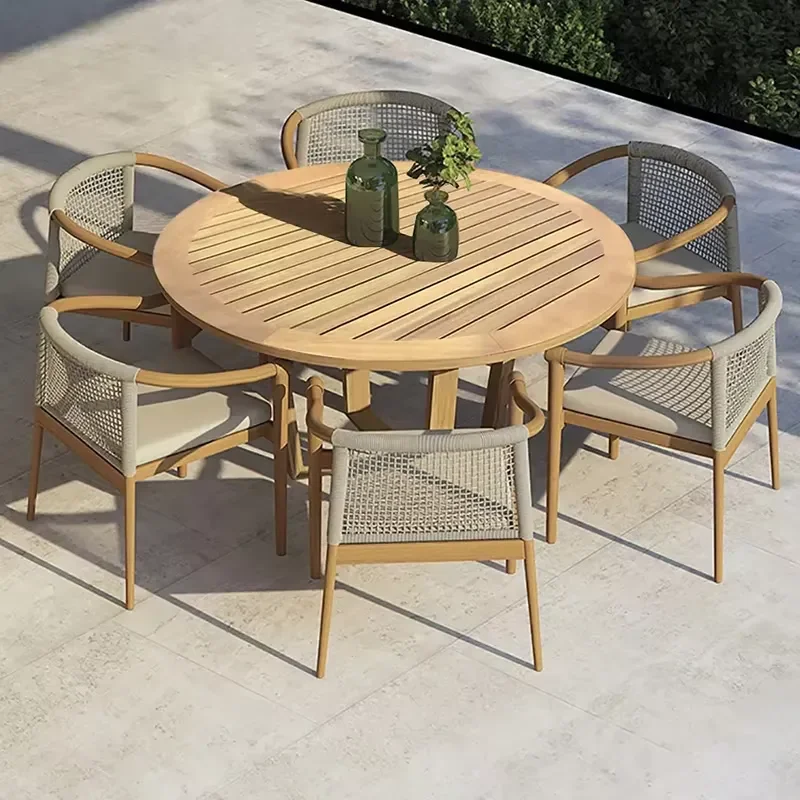 Modern Teak All Weather Restaurant Patio Dining Table with Chair-Villa & Courtyard Outdoor Set
