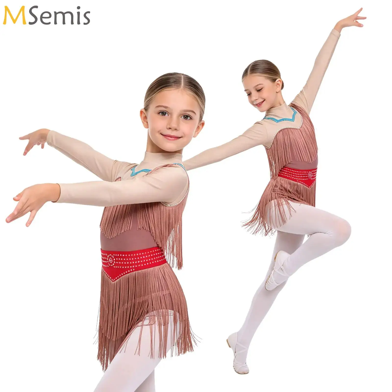 

Kids Girls Samba Latin Dance Costume Long Sleeve Contrast Color Fringe Indian Dance Leotard Salsa Chacha Tango Performance Dress