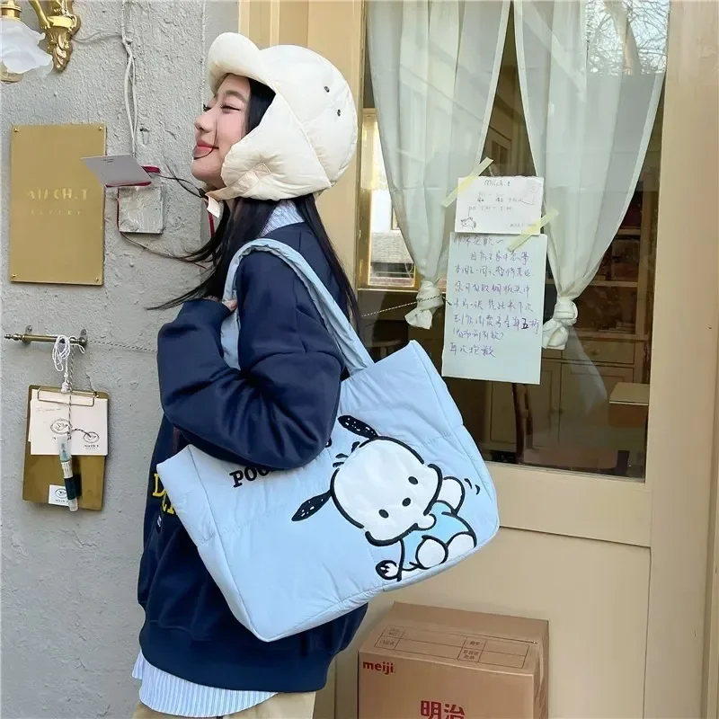 MINISO Disney Sanrio Handbag Cartoon Cute Down Fabric Kuromi Tote Bag Shoulder Cute Stationery Bag Large Capacity Handbag 2024