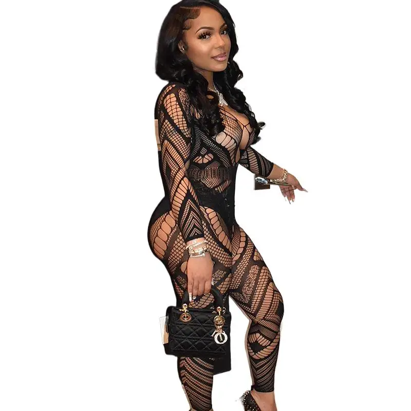 New Summer Leisure Time Party Fashion Backless Lace Jumpsuit Women Transparent Hollow Out Clothes For Women Body Bodysuit