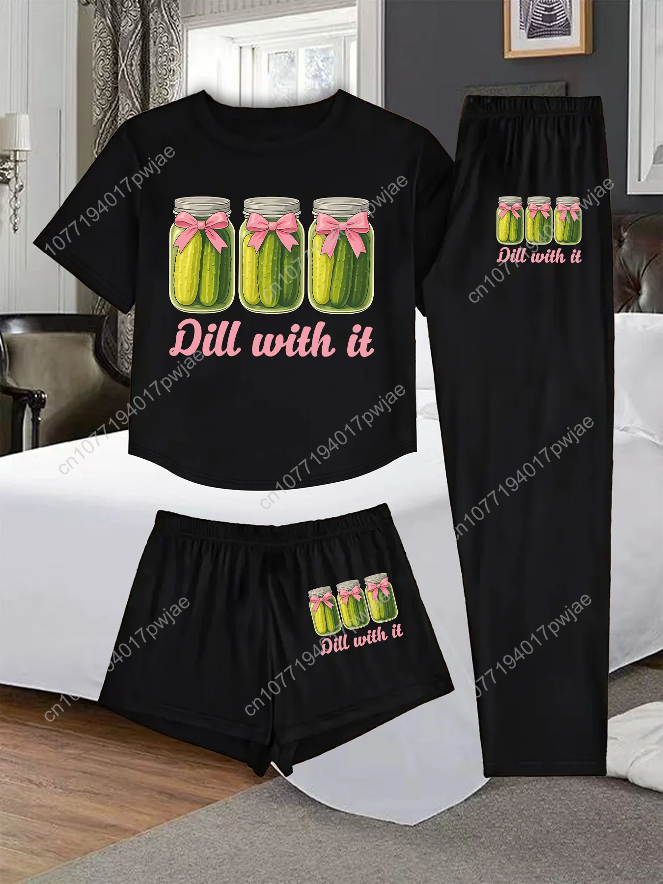 

Women's 3pcs Pajama Set - Cute Pickle Print Nightgown with Ruffled Waistband & Elastic Leg Open-Toe Slippers Design - Soft Breat