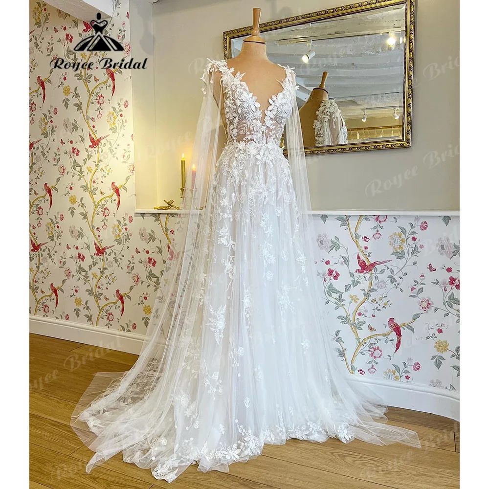 Romantic Lace Floral Fairy Beach Wedding Dress with V Neck 2025 Bridal Gown Customized vestido largo invitada boda Roycebridal