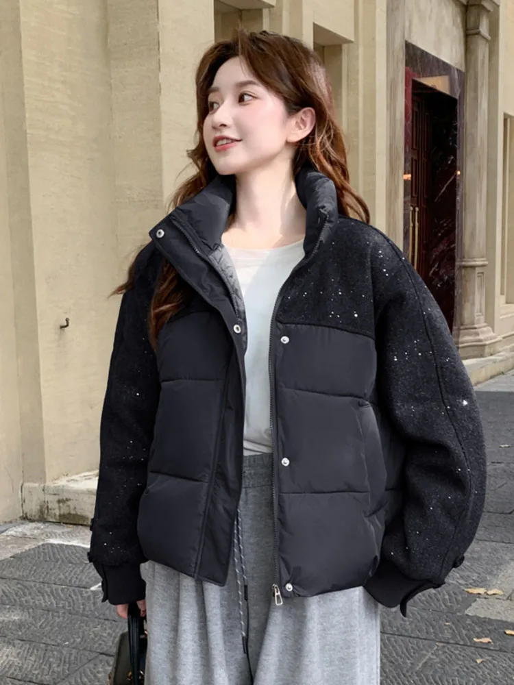 

Fashion New Thickened Splicing Sequined Stand Up Collar Women Cotton Jackets Retro Warm Short Parka Coats Autumn Winter Harajuku