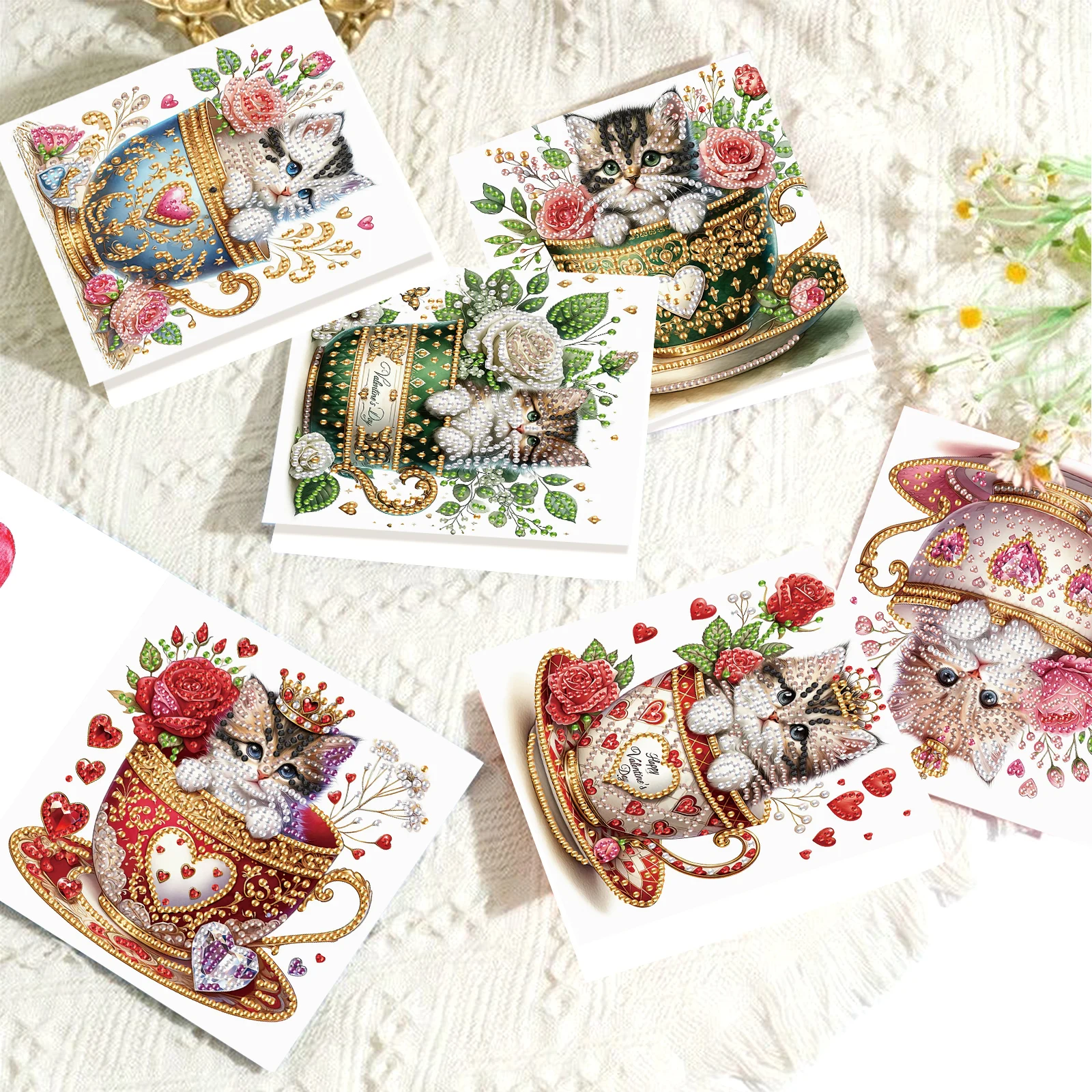 6Pcs Diamond Art Painting Greeting Card Kits,Teacup Cat festival Greeting Cards with Envelopes Diamond Art Craft Birthday Cards